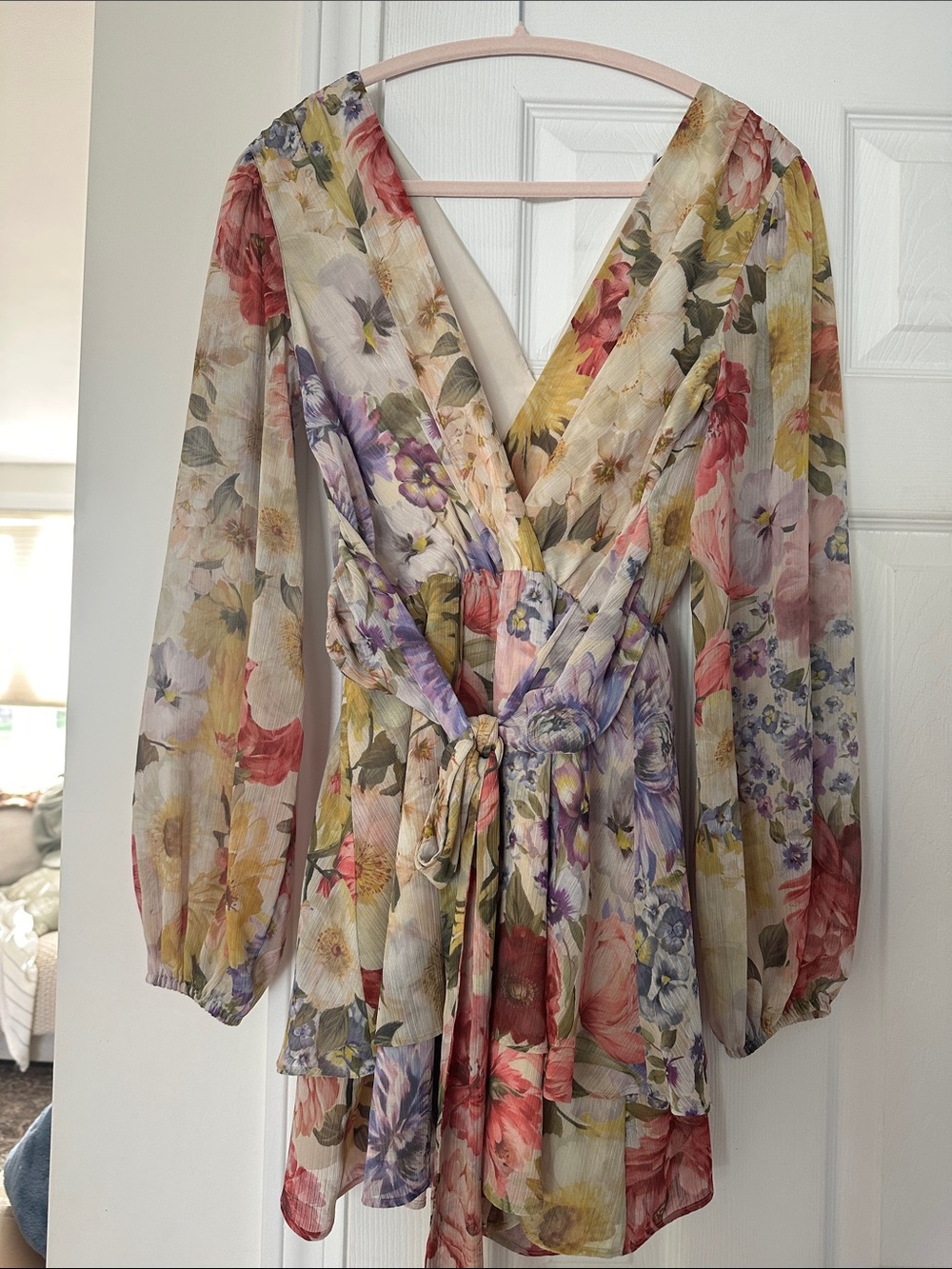 Express Floral Long Sleeve Mini Dress in Cream, Pink, Yellow, Purple